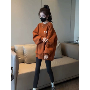 橘色卫衣女秋冬加绒加厚圆领套头衫韩版宽松休闲中长款外套上衣潮