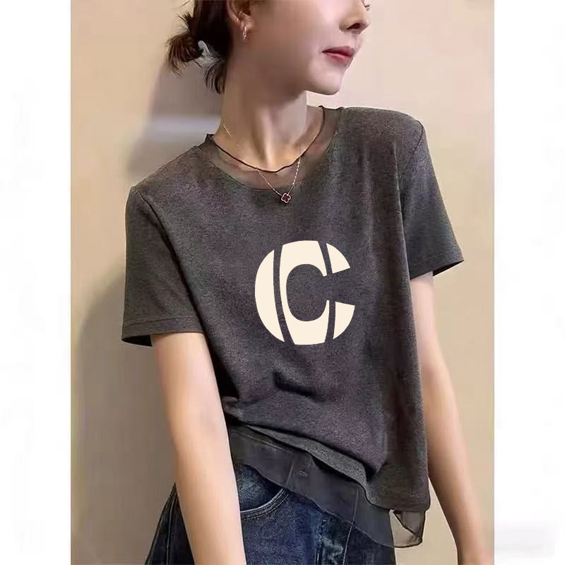 圆领短袖t恤女装夏季新款字母印花修身显瘦正肩蕾丝边休闲风上衣