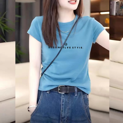 海蓝色正肩短袖t恤女夏季韩版修身显瘦圆领体恤衫字母印花上衣ins