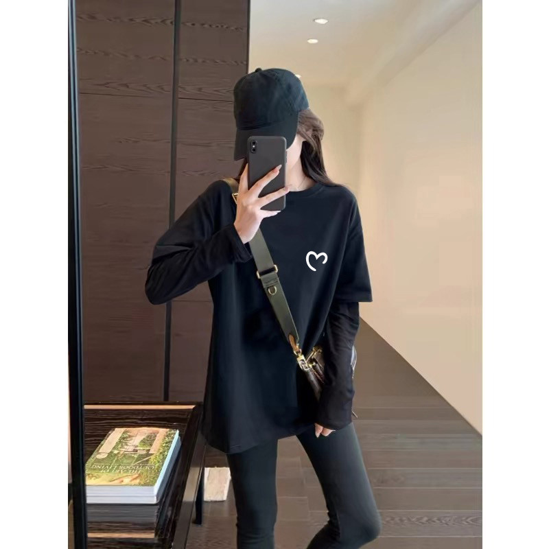 纯棉打底衫女春秋季拼接中长款黑色长袖t恤宽松设计感假两件上衣