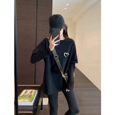 纯棉打底衫女春秋季拼接中长款黑色长袖t恤宽松设计感假两件上衣
