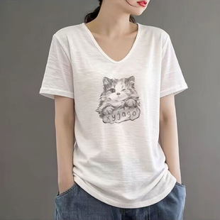 体恤衫 宽松半袖 猫咪印花纯棉正肩上衣 t恤女士夏季 V领竹节棉短袖