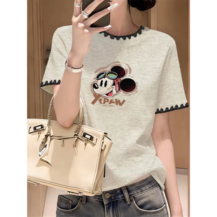 显瘦卡通印花小衫 正肩短袖 修身 韩版 撞色拼接圆领上衣ins t恤女夏季