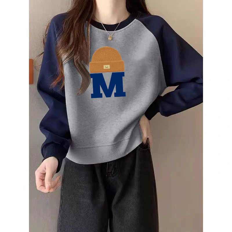 撞色插肩圆领卫衣女秋冬韩版宽松休闲洋气印花加绒套头衫无帽上衣