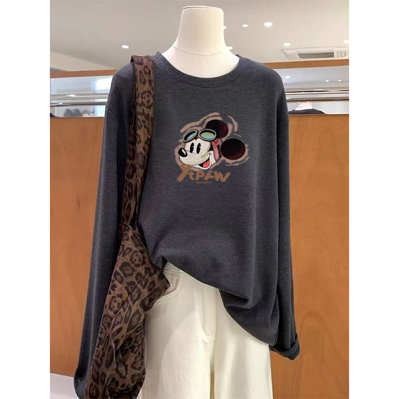 德绒保暖打底衫女秋冬季内搭长袖t恤减龄印花宽松中长款显瘦上衣