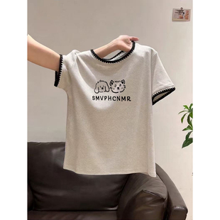 显瘦洋气减龄印花小衫 修身 设计感撞色圆领上衣 t恤女夏季 正肩短袖