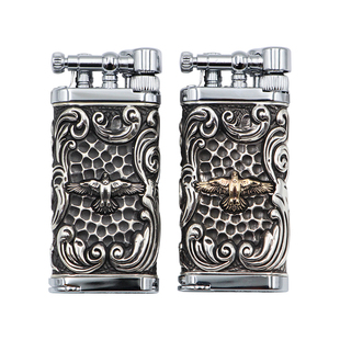 包邮 LAFULI烟斗打火机斜火 925纯银双面锤纹浮雕 雄鹰图案带压棒