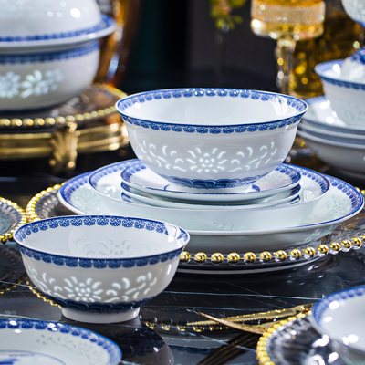 景德镇玲珑碗陶瓷碗盘釉下彩餐具