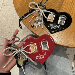 保龄球包包miu风挂件大爱心卡套可放照片珍珠蝴蝶结钥匙扣配饰