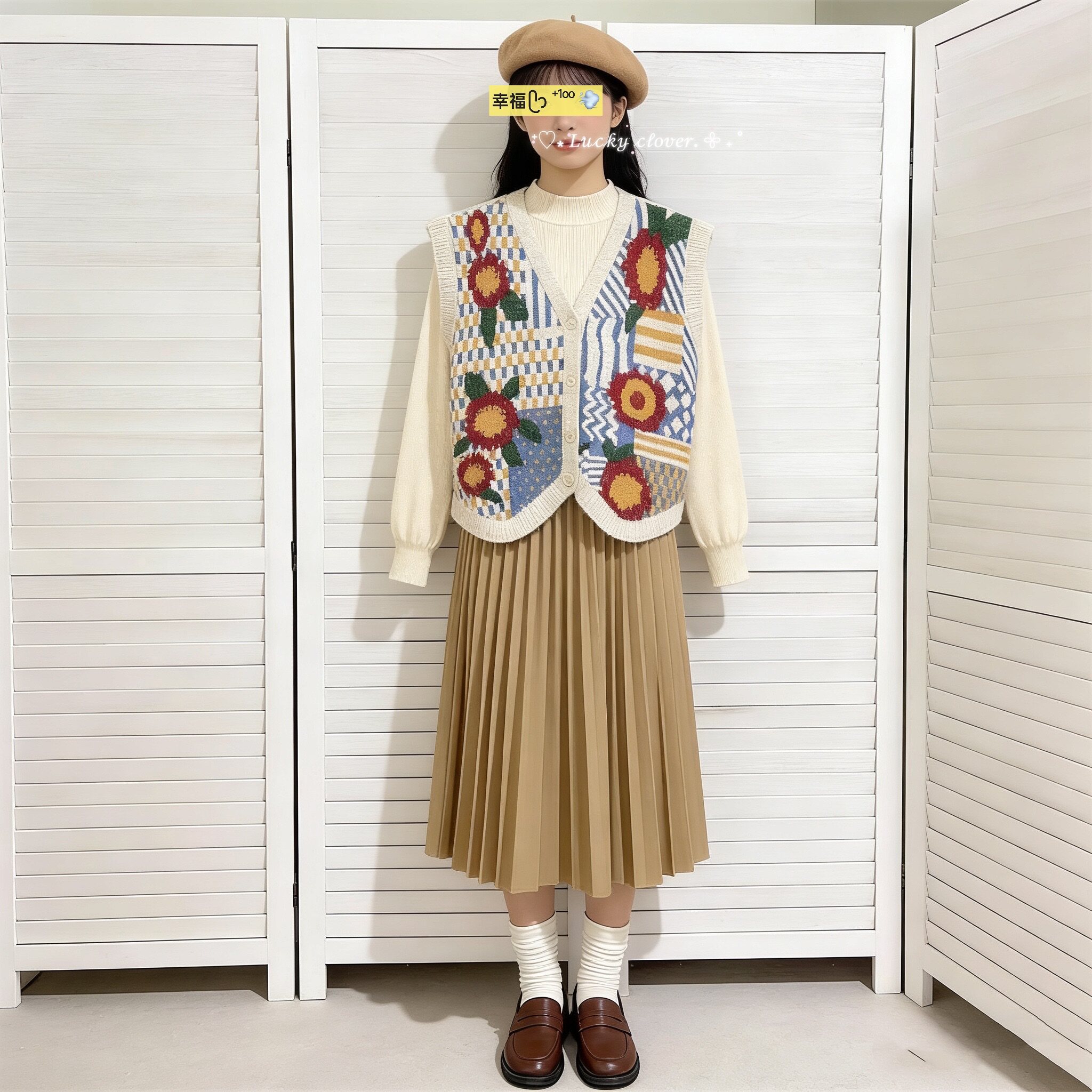 咖啡花朵复古开衫背心马甲外套女设计感秋冬V领百搭单排扣马夹