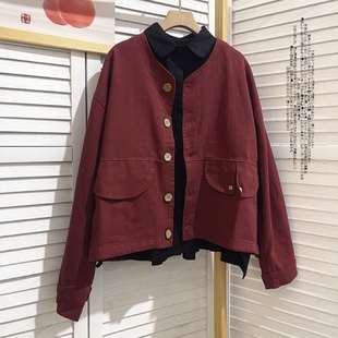 日杂风纯色无领工装做旧水洗面料蝙蝠袖宽松小外套夹克女