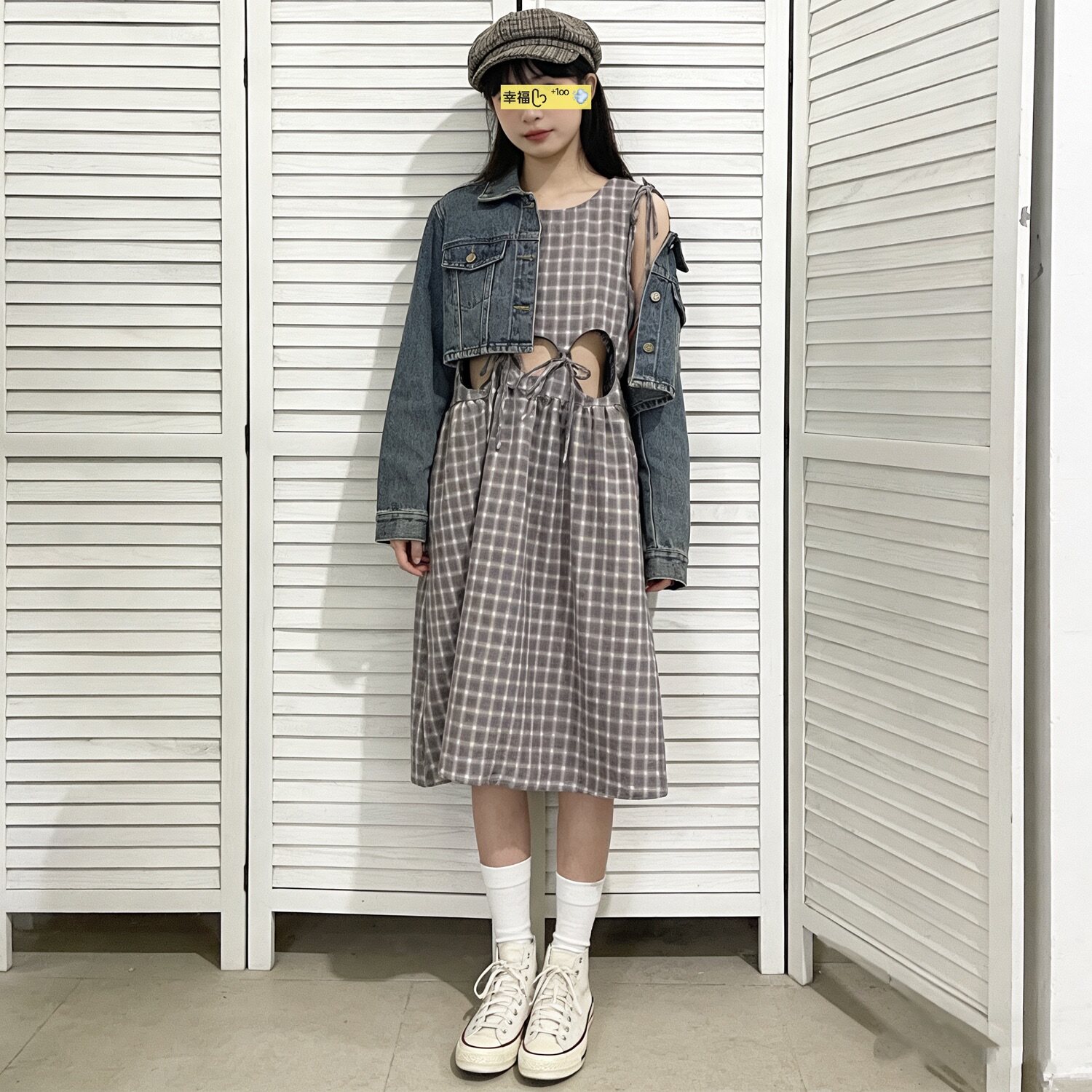 鬼马少女小众设计感剪裁复古镂空系带格子背心裙连衣裙女清新甜美