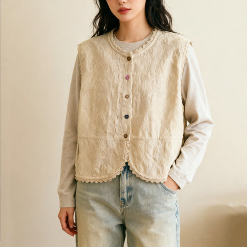 2026春夏季新款复古森系刺绣蕾丝拼接马甲背心女上衣