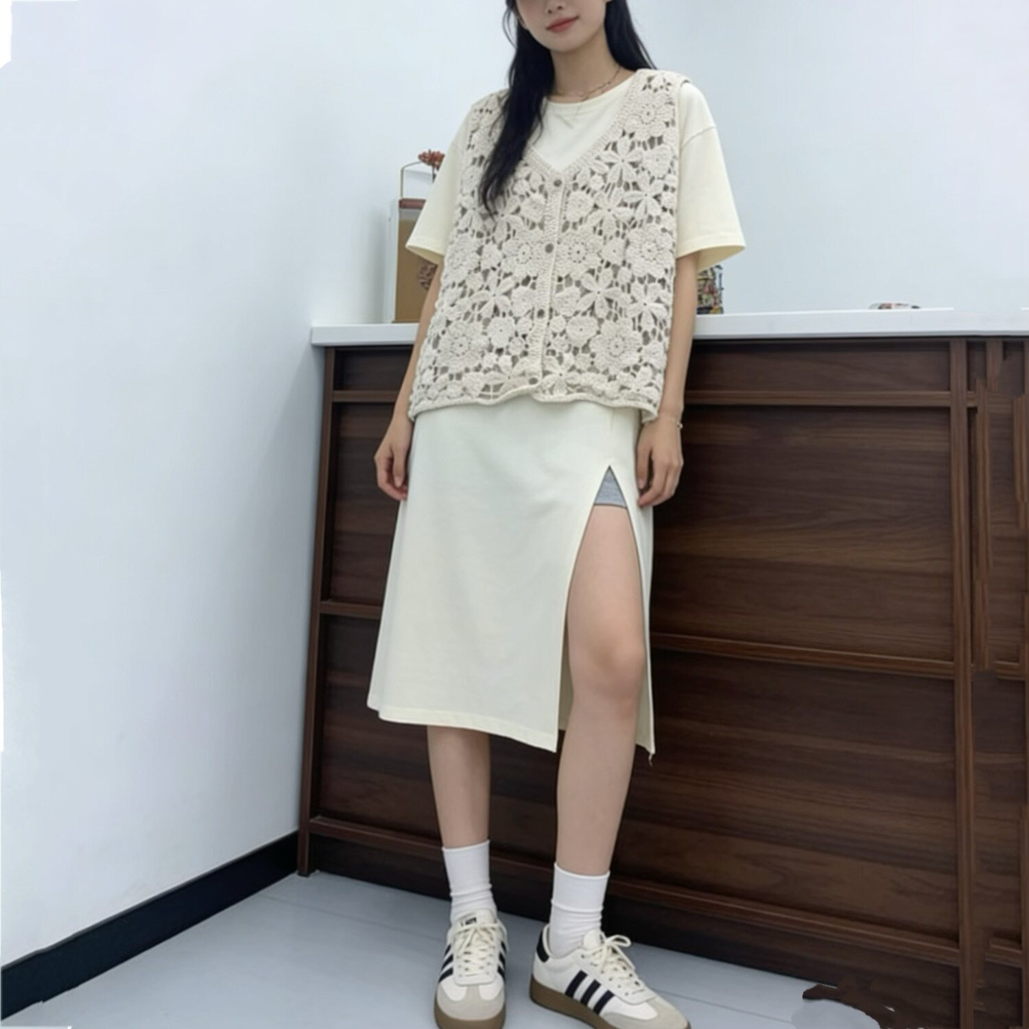 棉针织背心开衫马甲叠穿夏季女宽松钩花镂空上衣