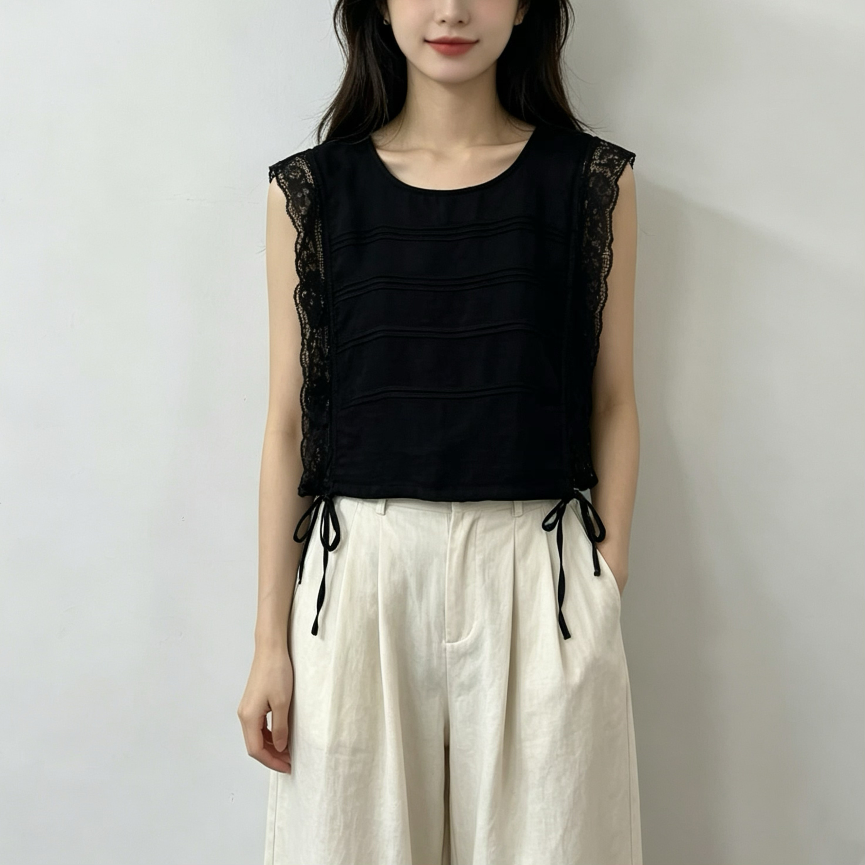 甜美森系少女两侧开衩绑带马甲叠穿百搭刺绣外搭罩衫背心夏款