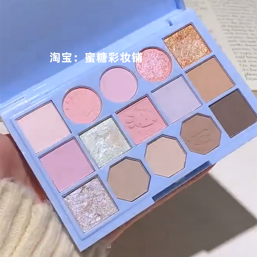 粉蓝多巴胺马卡龙撞色!十五色眼影盘碎钻截断哑光薄荷绿夏日彩色