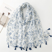 中国风青花蓝绵软丝巾印花竹兰花围巾装 饰防晒度假旅行外搭披肩女