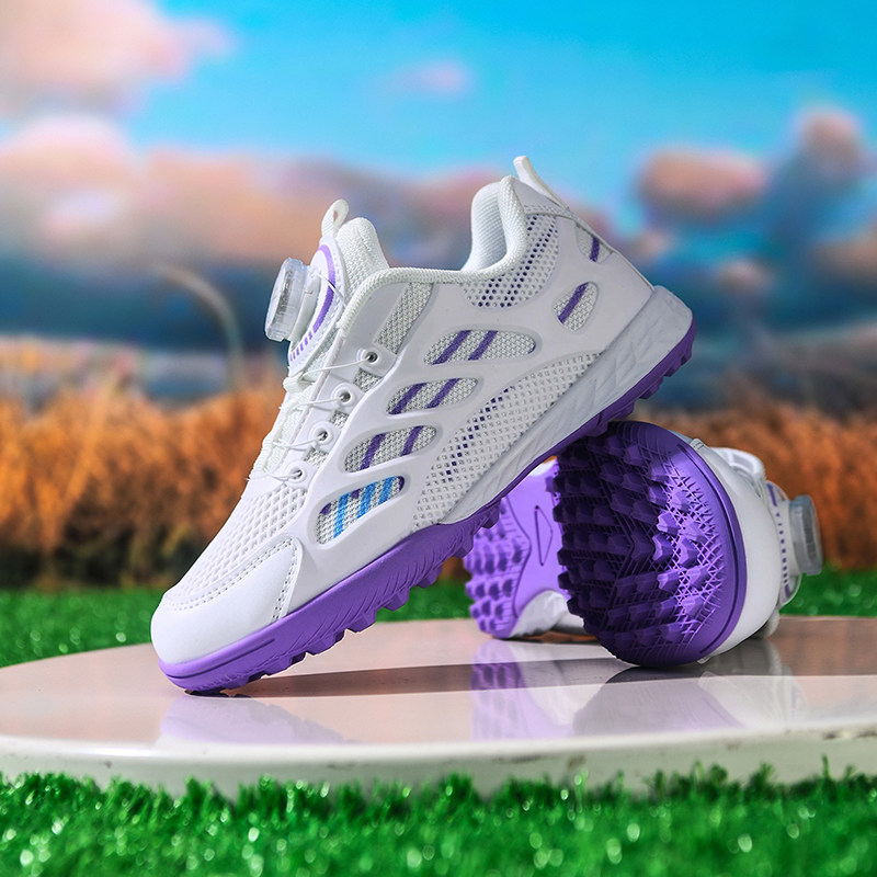 旋转扣无鞋带儿童透气TF碎钉足球鞋短钉儿童小学生男女训练鞋粉色