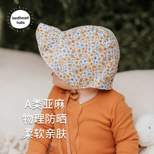 bedhead亚麻护脖帽0-3岁婴儿童防晒帽轻薄透气出游遮阳帽子双面戴