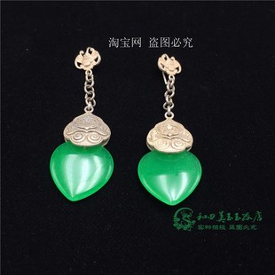 古玩古董收藏清代老翡翠玉冰种心形戒面老银镶嵌耳坠耳环足银耳饰