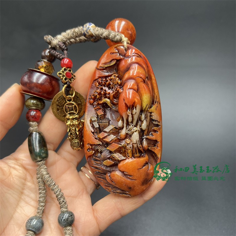 仿古包浆仿寿山石雕刻山子人物把件复古工艺品手工编织铜钱手把绳