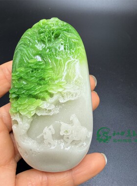 简约现代仿白玉翠绿色手把件小桥流水山水登高望远男女款把玩件