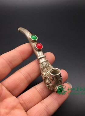 老银镶嵌马来玉石烟袋古玩杂项