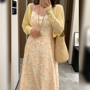 双天26新款大码女装时尚碎花吊带连衣裙+开衫套装女夏两件套9382