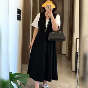 双天2026年夏季新款大码女装短袖长裙拉链撞色假两件连衣裙W-327