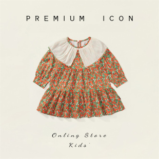 洋气公主裙潮 女宝宝大翻领长袖 女童复古风碎花连衣裙2024秋装 新款