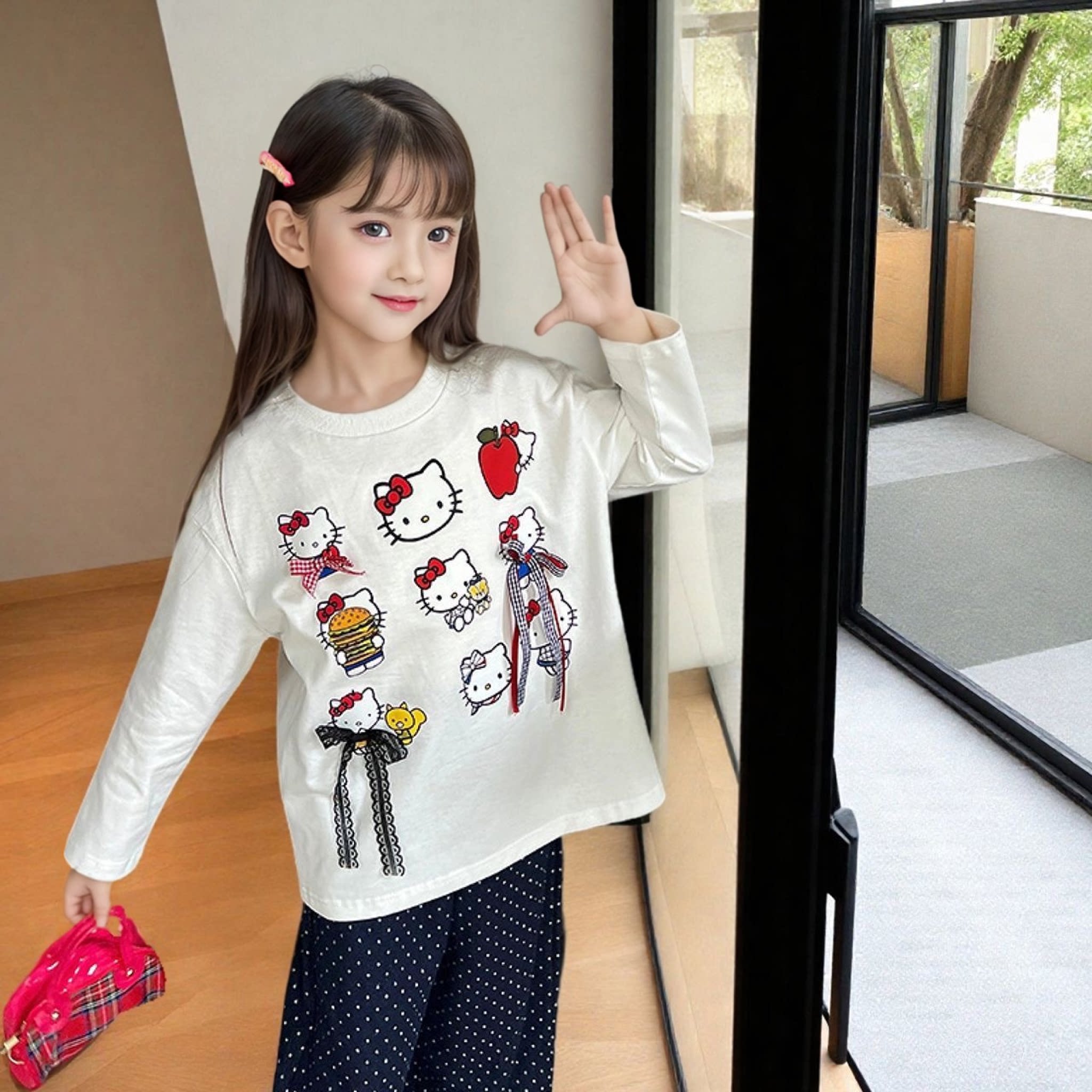 2025女童Kitty小猫卡通印花白色长袖T恤儿童女孩蝴蝶结百搭打底衫