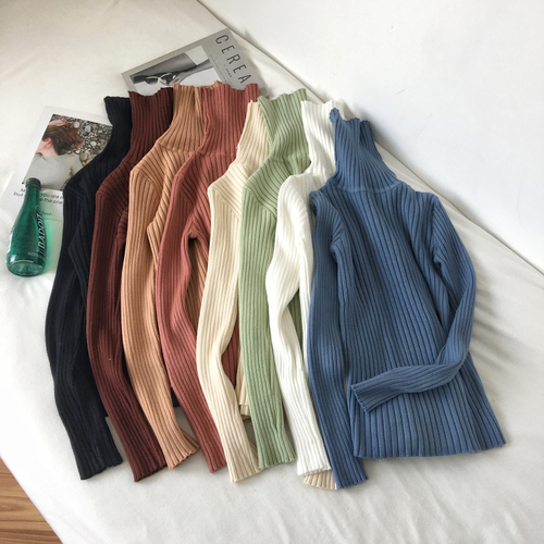 Real-price real-time Korean version of solid color, slim, high-collar Pullover knitted sweater sweater students