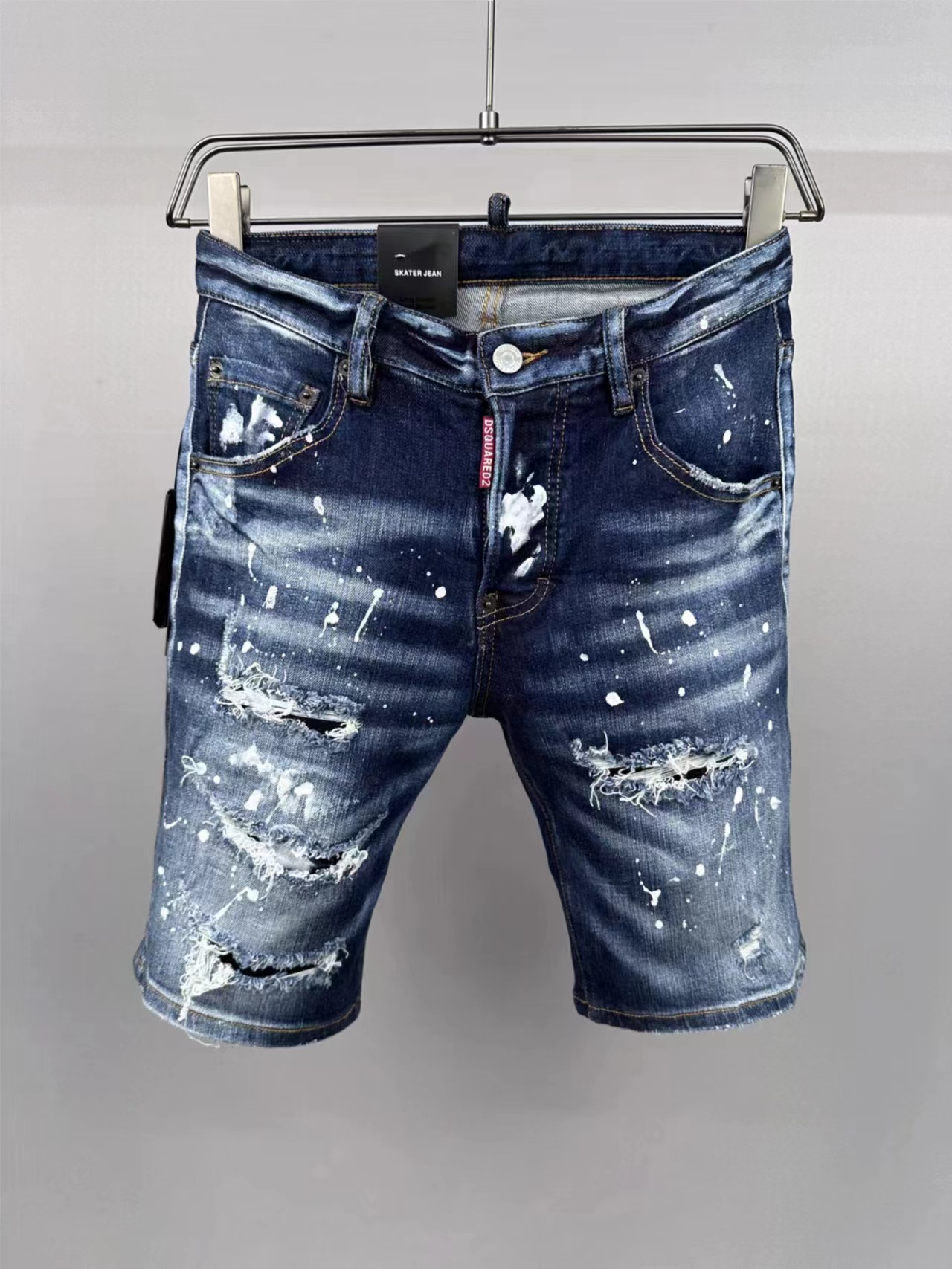 2024春夏新款D2五分裤潮男水洗磨破洞补丁油漆修身微弹牛仔短裤男