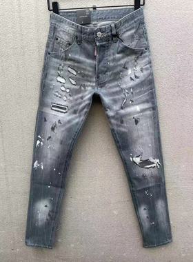 2024秋季新款D2潮男水洗破洞补丁油漆做旧修身小直筒灰色牛仔裤男