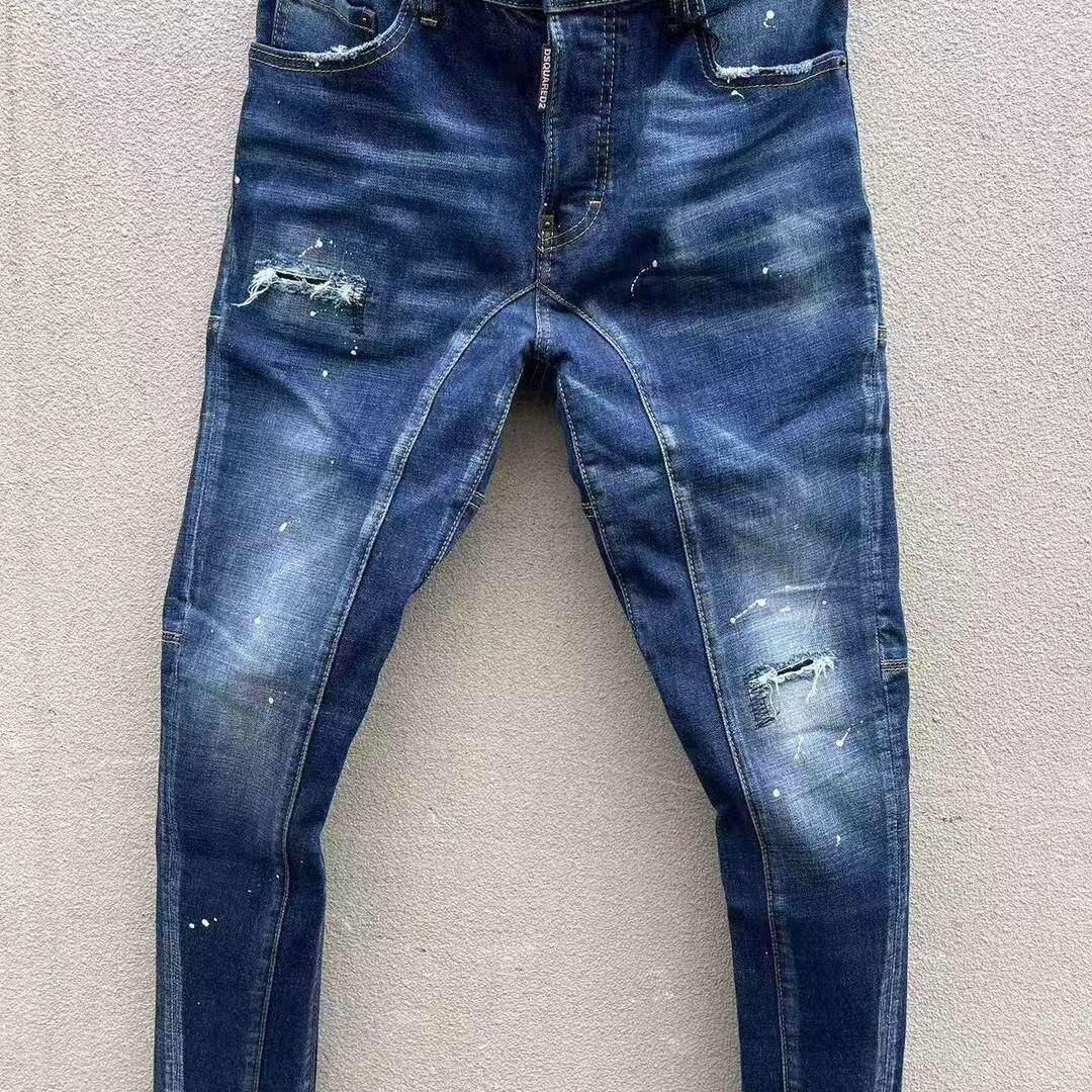 2024秋冬新款D2潮男水洗磨破洞补丁油漆立体裁剪小脚蓝色牛仔裤男
