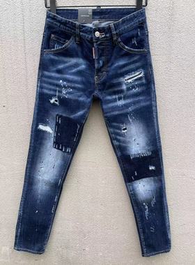 2024新款D2潮男装牛仔裤 时尚修身水洗破洞油漆微弹小脚牛仔裤