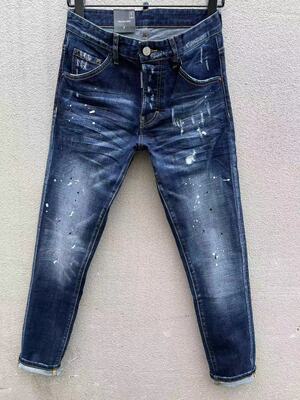 2024春夏新款D2潮男水洗磨破洞补丁修身潮男百搭小脚蓝色牛仔裤男