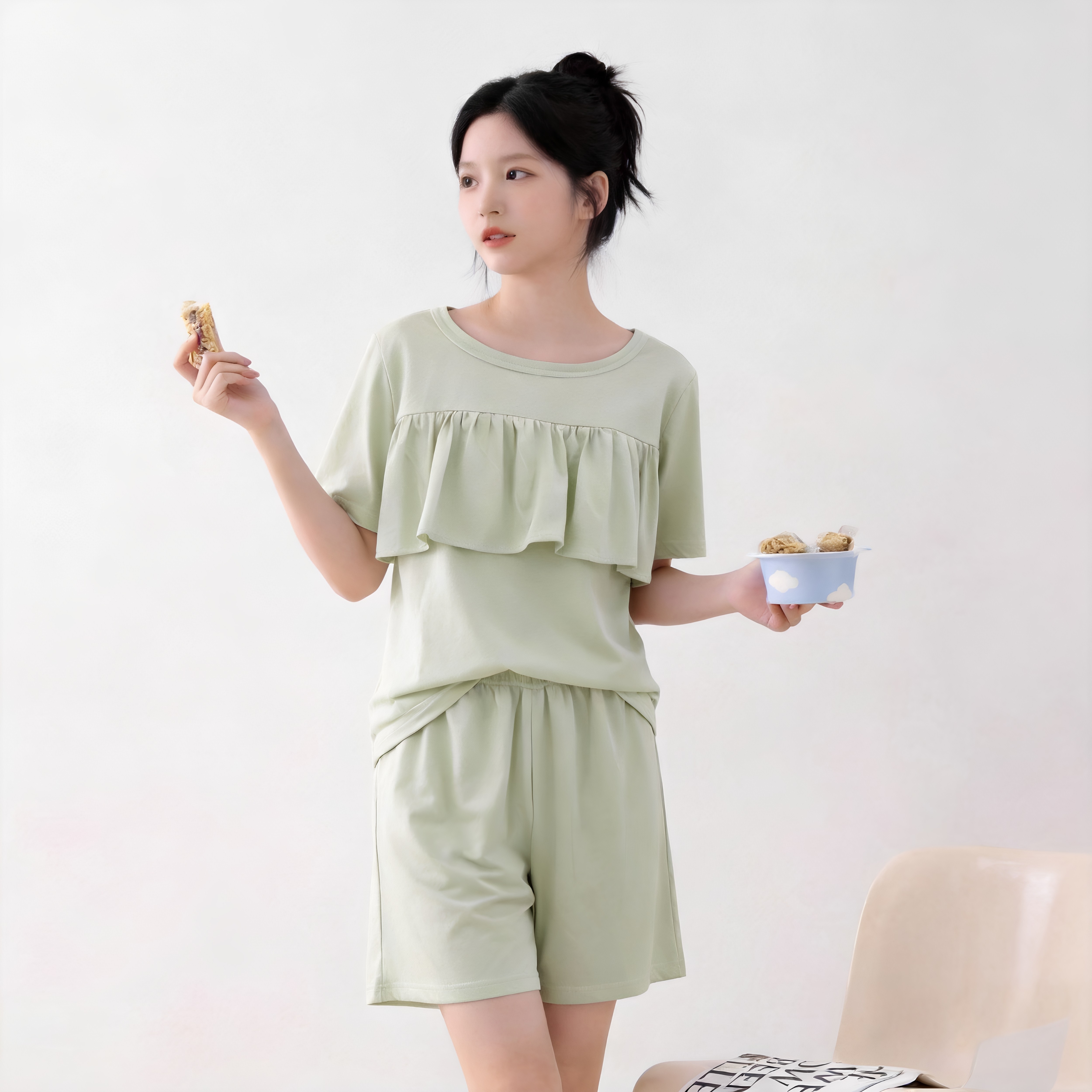 女夏防凸点荷叶边睡衣家居服纯棉