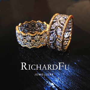 RICHARDFU珠宝 复古手工蕾丝劈花雕金镶嵌钻石18K分色金戒指
