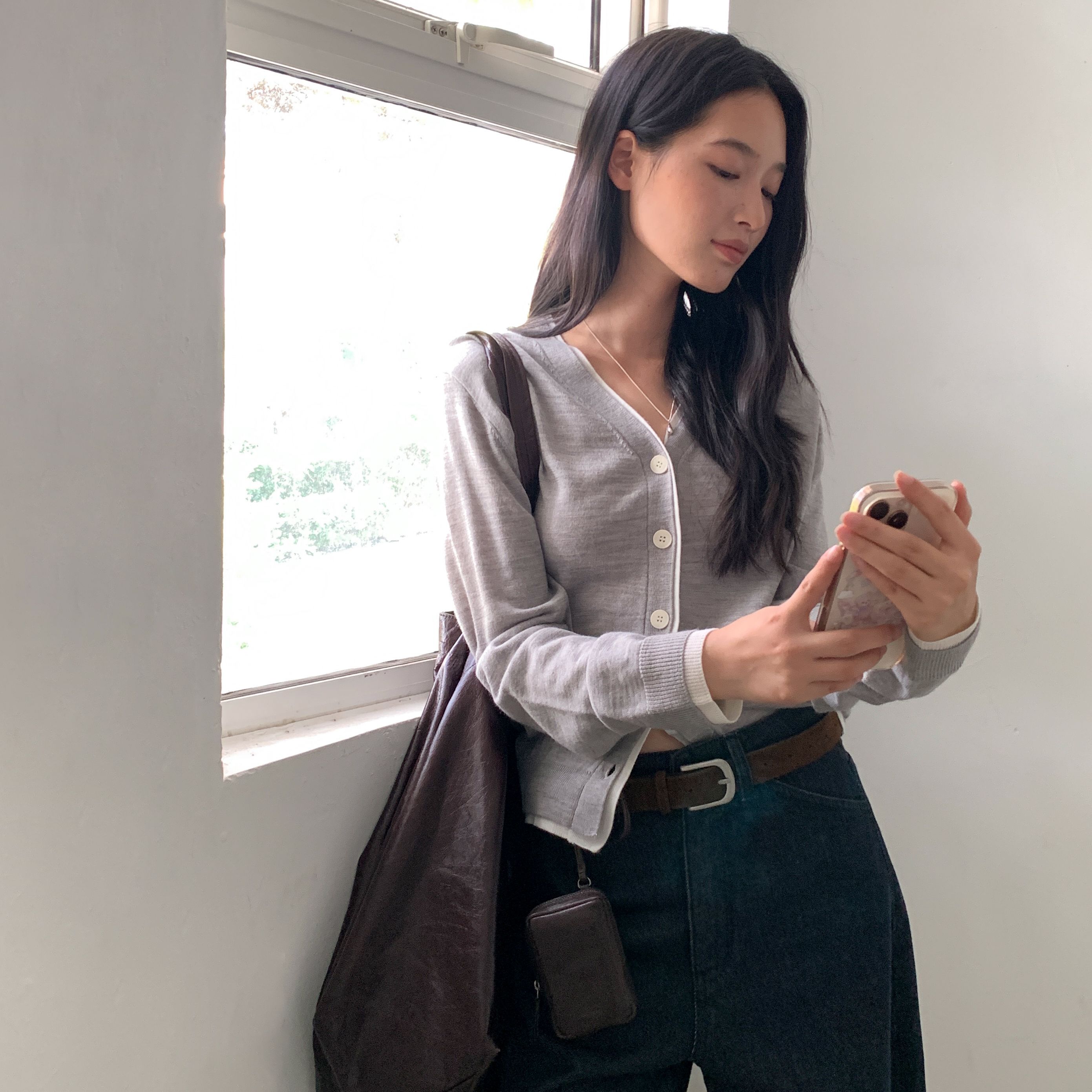 CLEAN SPACE-30%羊毛简约撞色设计感纯色秋上新针织开衫56350