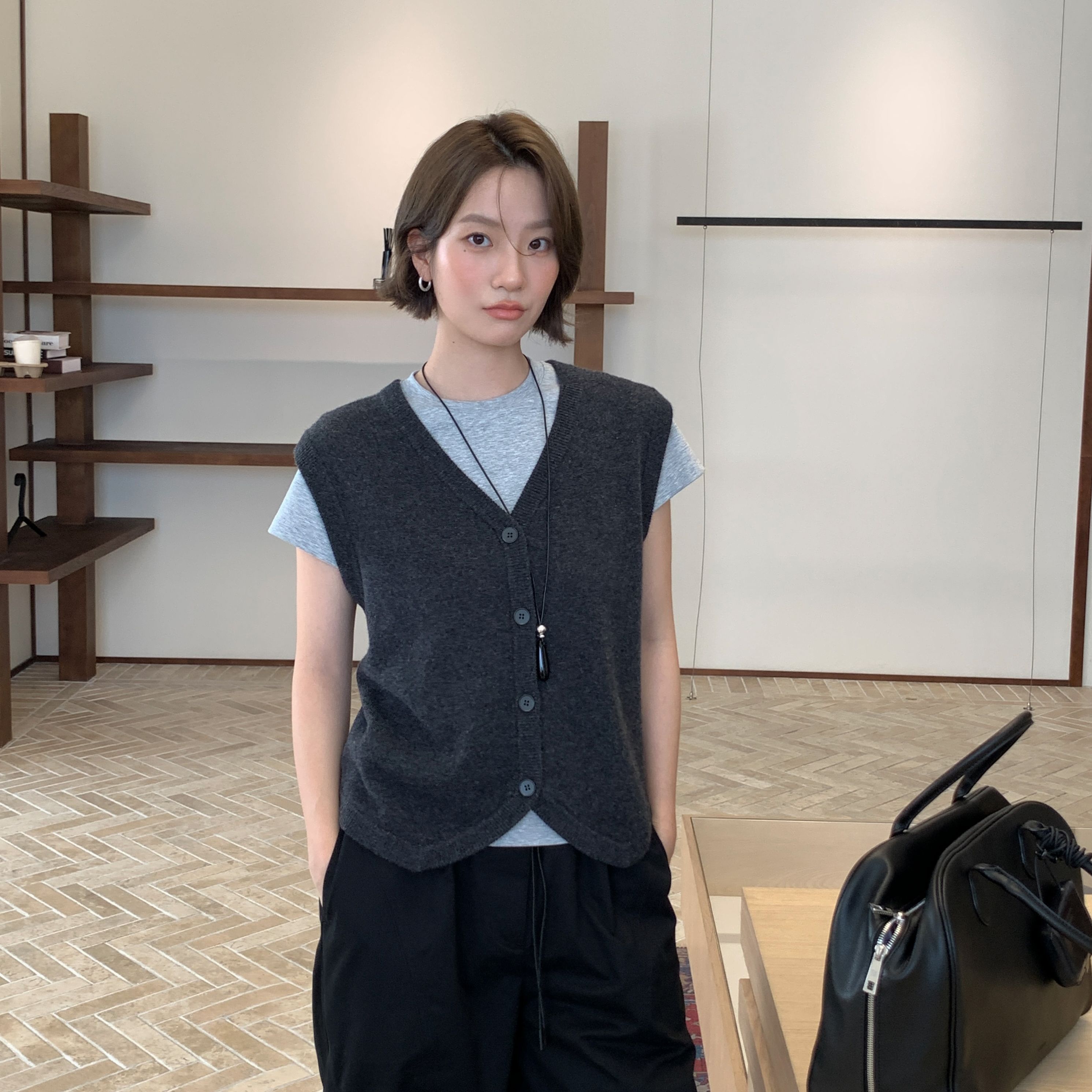 CLEAN SPACE-100%羊毛v领宽松针织马甲百搭秋上新针织衫57237