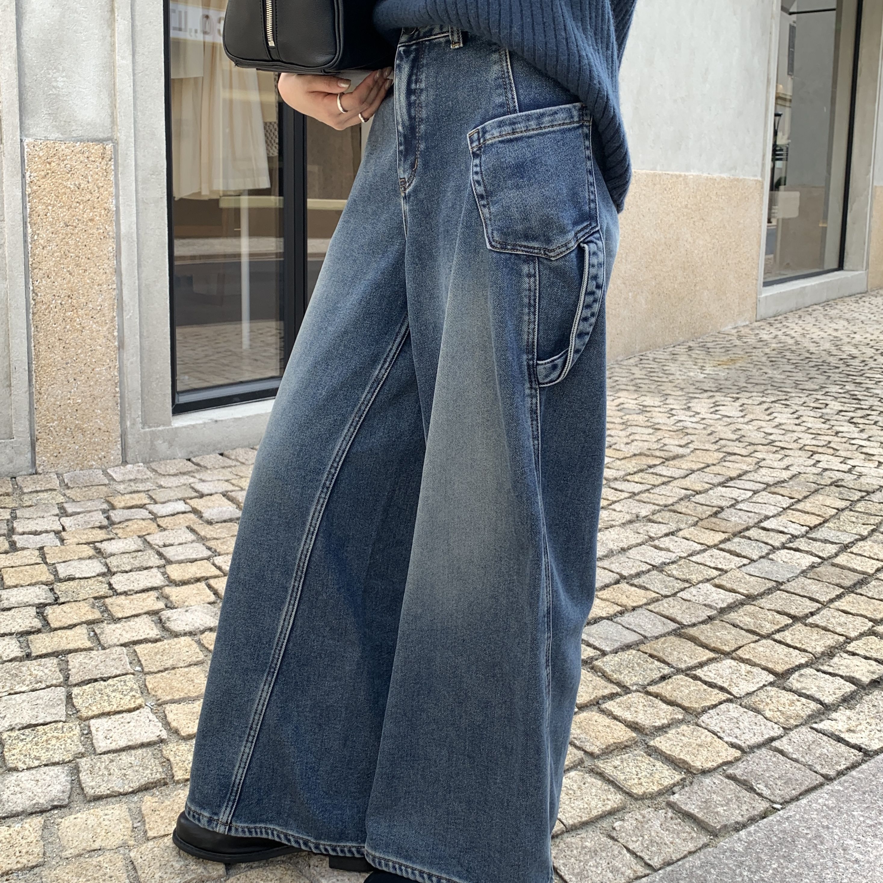 CLEAN SPACE-加绒加厚设计感小众秋冬百搭复古蓝牛仔裤58507