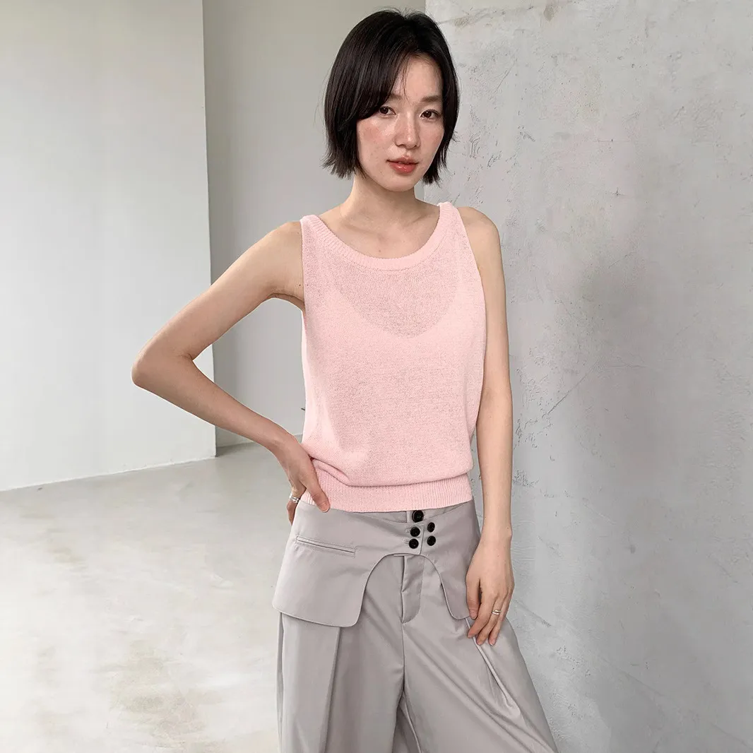 FN爱与南希2025夏韩风螺纹包边遮肉显瘦凉感亚麻背心女22393