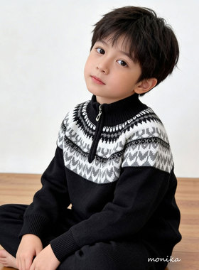韩国男童高领加厚针织衫秋冬儿童费尔岛半拉链毛衣女童提花毛线衣