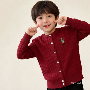 2026春季款儿童纯棉针织开衫男女童麻花毛衣外套酒红色宝宝上衣潮