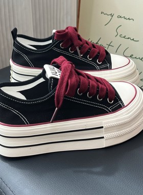 小众黑红色厚底增高帆布鞋女2025新款薄款透气松糕底百搭小白板鞋