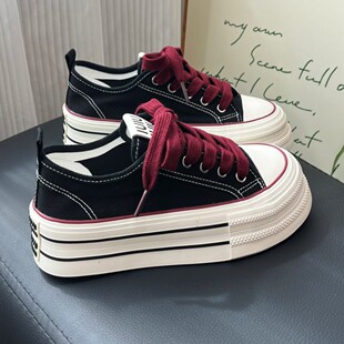 透气松糕底百搭小白板鞋 薄款 女2025新款 小众黑红色厚底增高帆布鞋