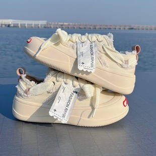 女2025春季 乞丐鞋 厚底增高小白鞋 明星同款 潮 休闲板鞋 开口笑帆布鞋