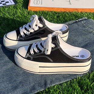 厚底内增高板鞋 无后跟半拖帆布鞋 透气一脚蹬懒人鞋 新款 女2024夏季