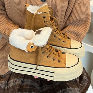 加绒加厚保暖学生棉鞋 百搭增高板鞋 子 女冬季 美拉德厚底高帮帆布鞋